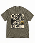 Chihuahua Order Not Included Broken Grid Graphic Washed Tee in Army Green, flat lay product photo