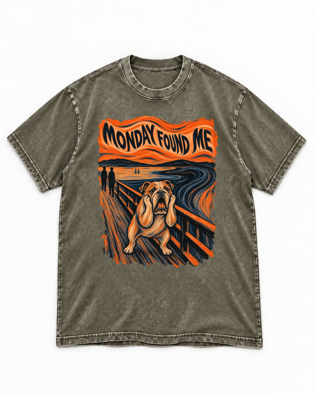 English Bulldog Monday Found Me Scream Graphic Washed Tee in Army Green, flat lay product photo