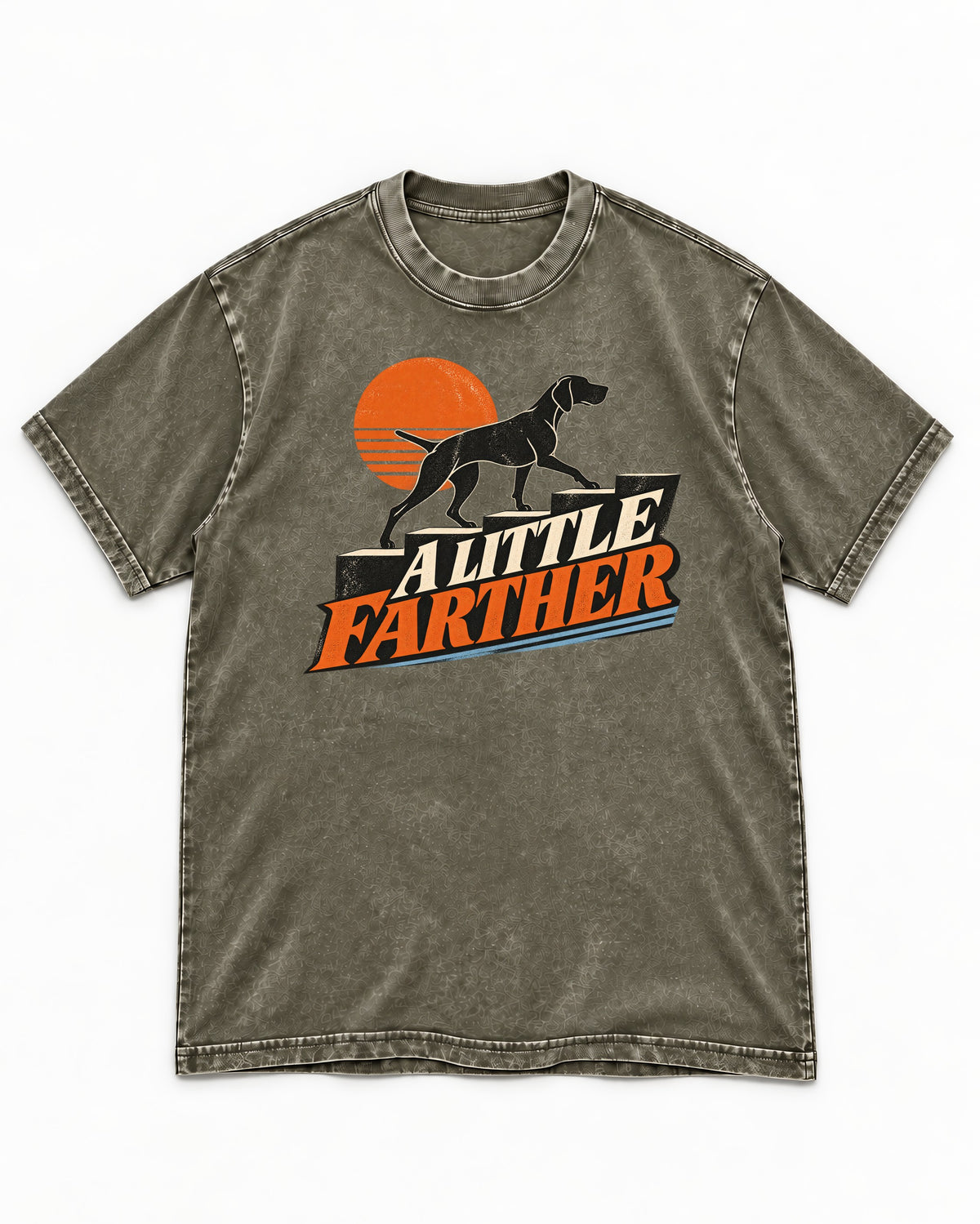 German Shorthaired Pointer A Little Farther Sunset Steps Graphic Washed Tee in Army Green, flat lay product photo
