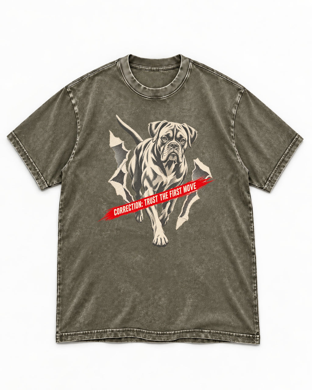 Mastiff Mismatch Boxer Needs Review Washed Tee in Army Green, flat lay product photo