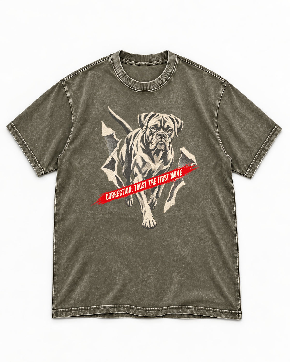 Mastiff Mismatch Boxer Needs Review Washed Tee in Army Green, flat lay product photo