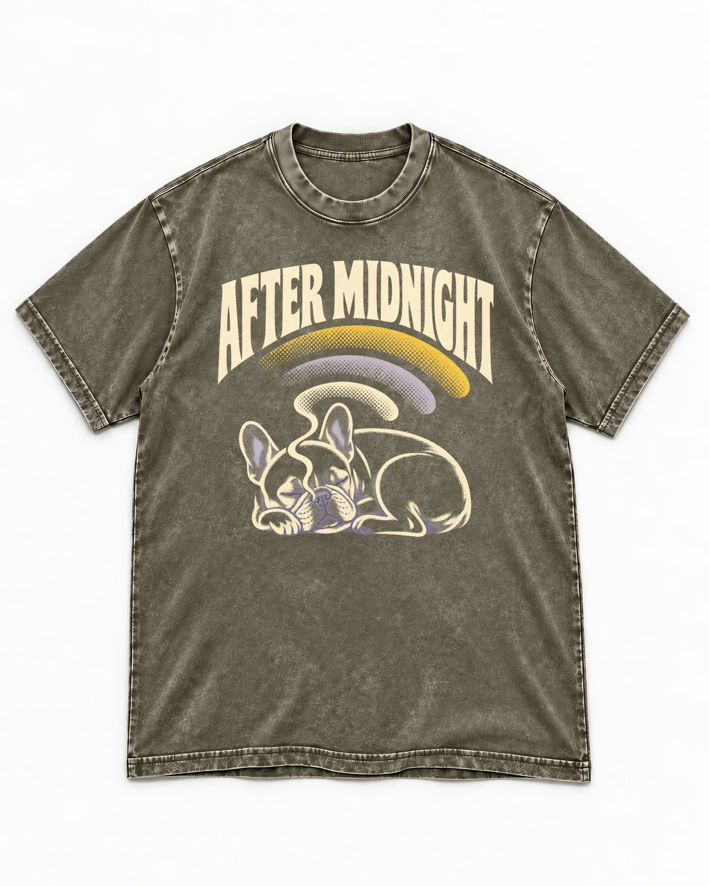 Frenchie After Midnight Sleeping Graphic Washed Tee in Army Green, flat lay product photo