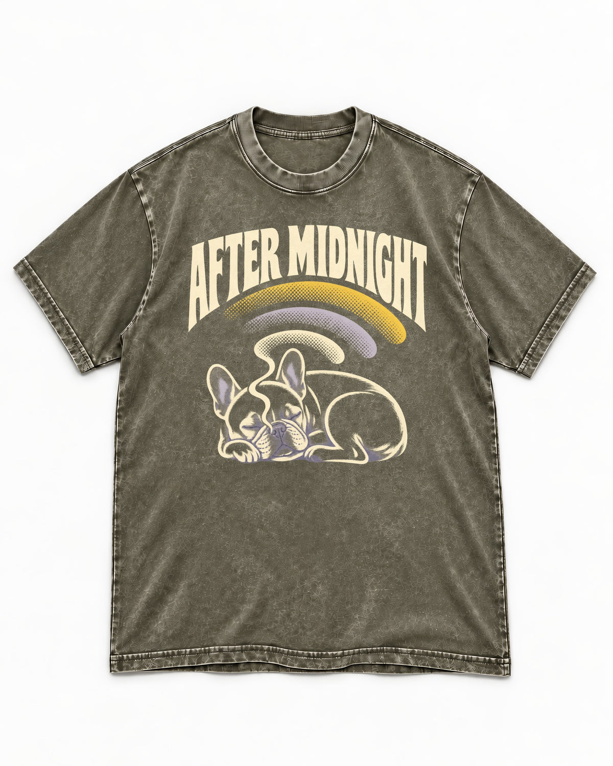 Frenchie After Midnight Sleeping Graphic Washed Tee in Army Green, flat lay product photo