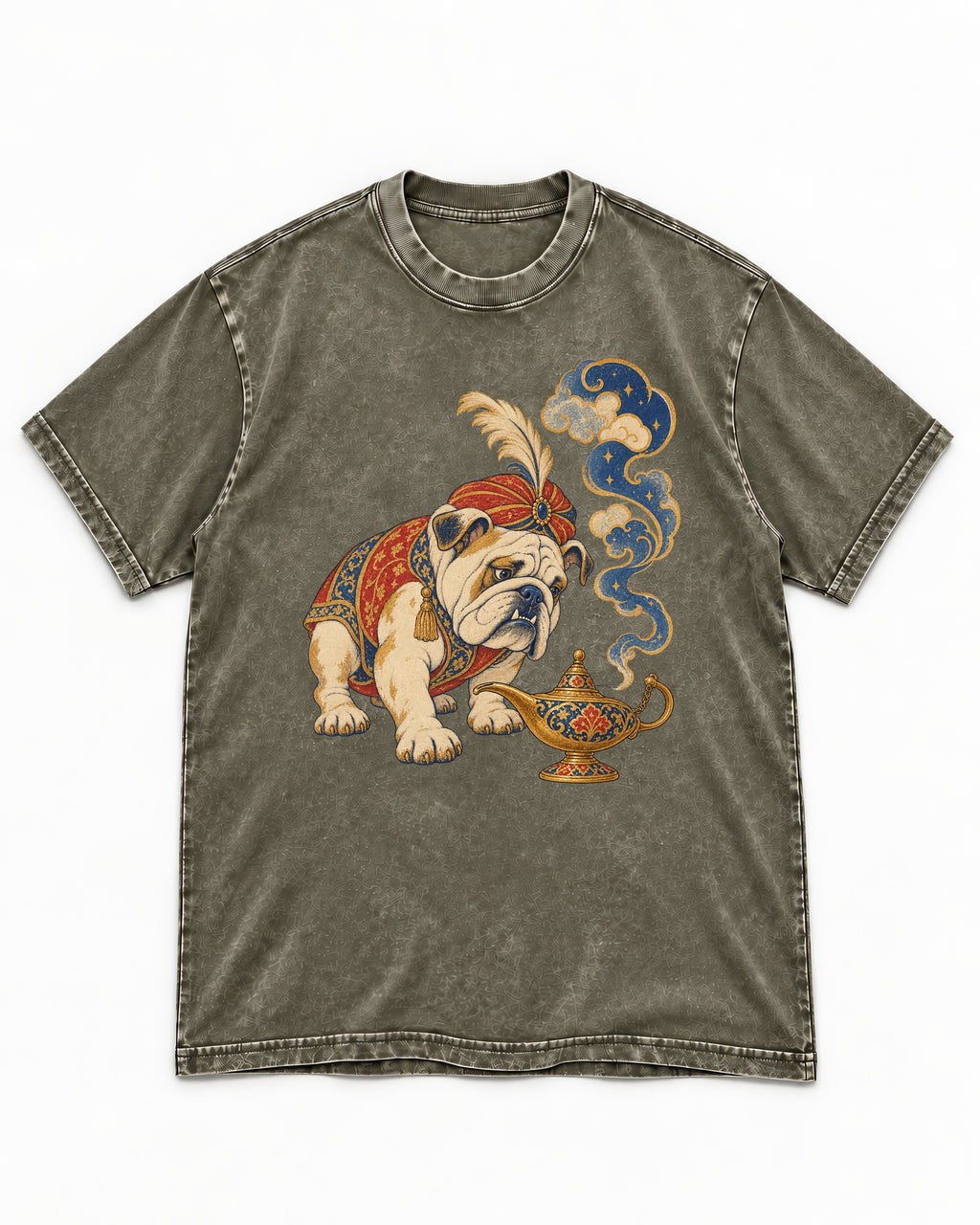 English Bulldog Magic Lamp Genie Graphic Washed Tee in Army Green, flat lay product photo