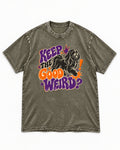 Shih Tzu Keep the Good Weird Retro Typography Graphic Washed Tee in Army Green, flat lay product photo