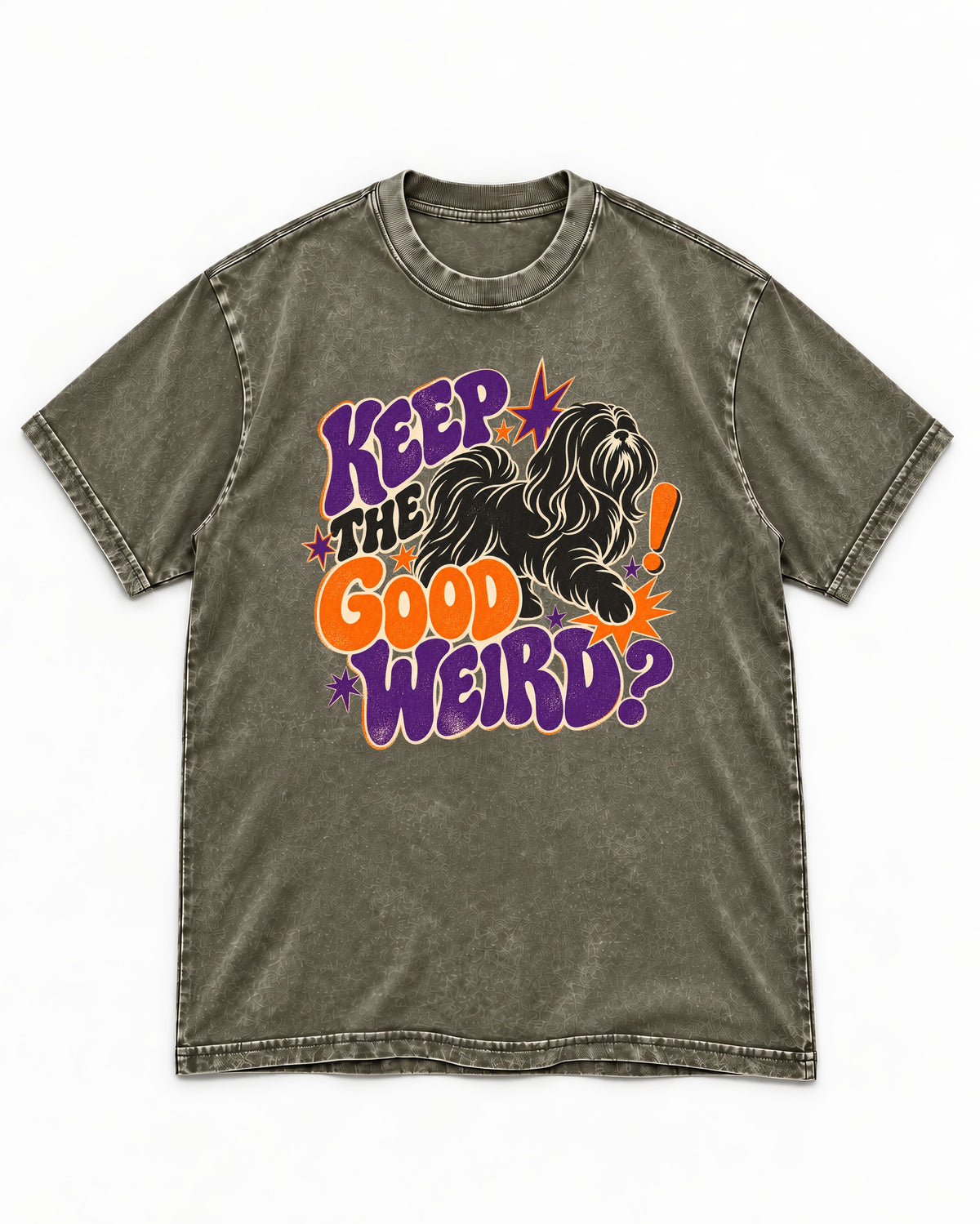Shih Tzu Keep the Good Weird Retro Typography Graphic Washed Tee in Army Green, flat lay product photo