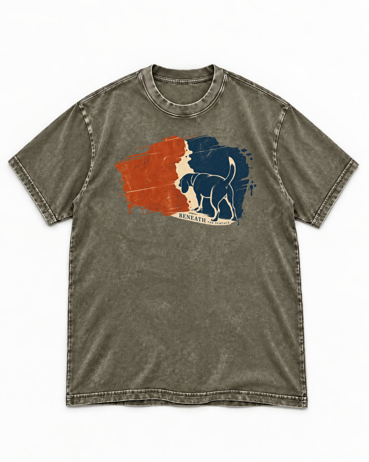 Beagle Beneath The Surface Scent Trail Washed Tee in Army Green, flat lay product photo