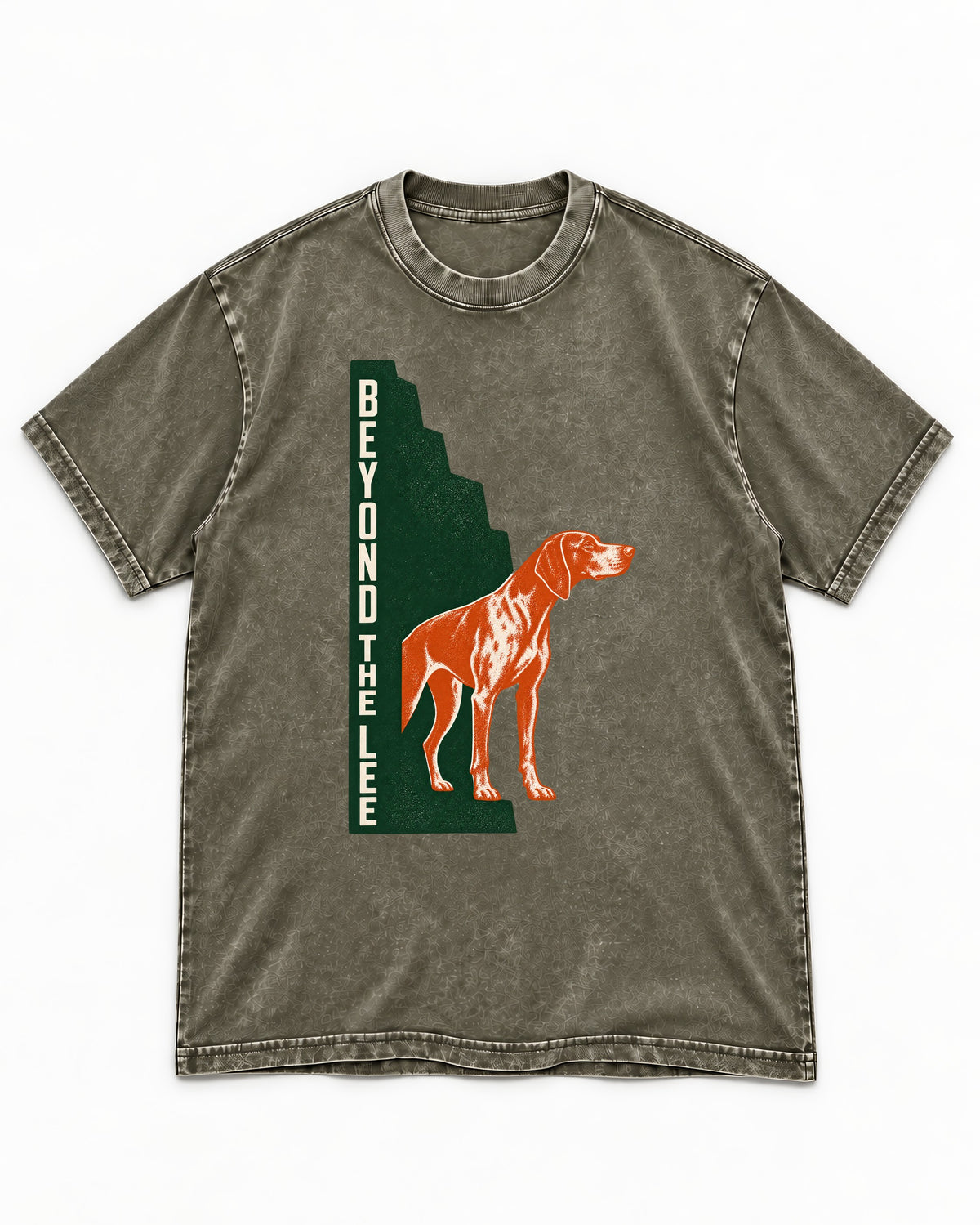 German Shorthaired Pointer Beyond the Lee Monument Graphic Washed Tee in Army Green, flat lay product photo