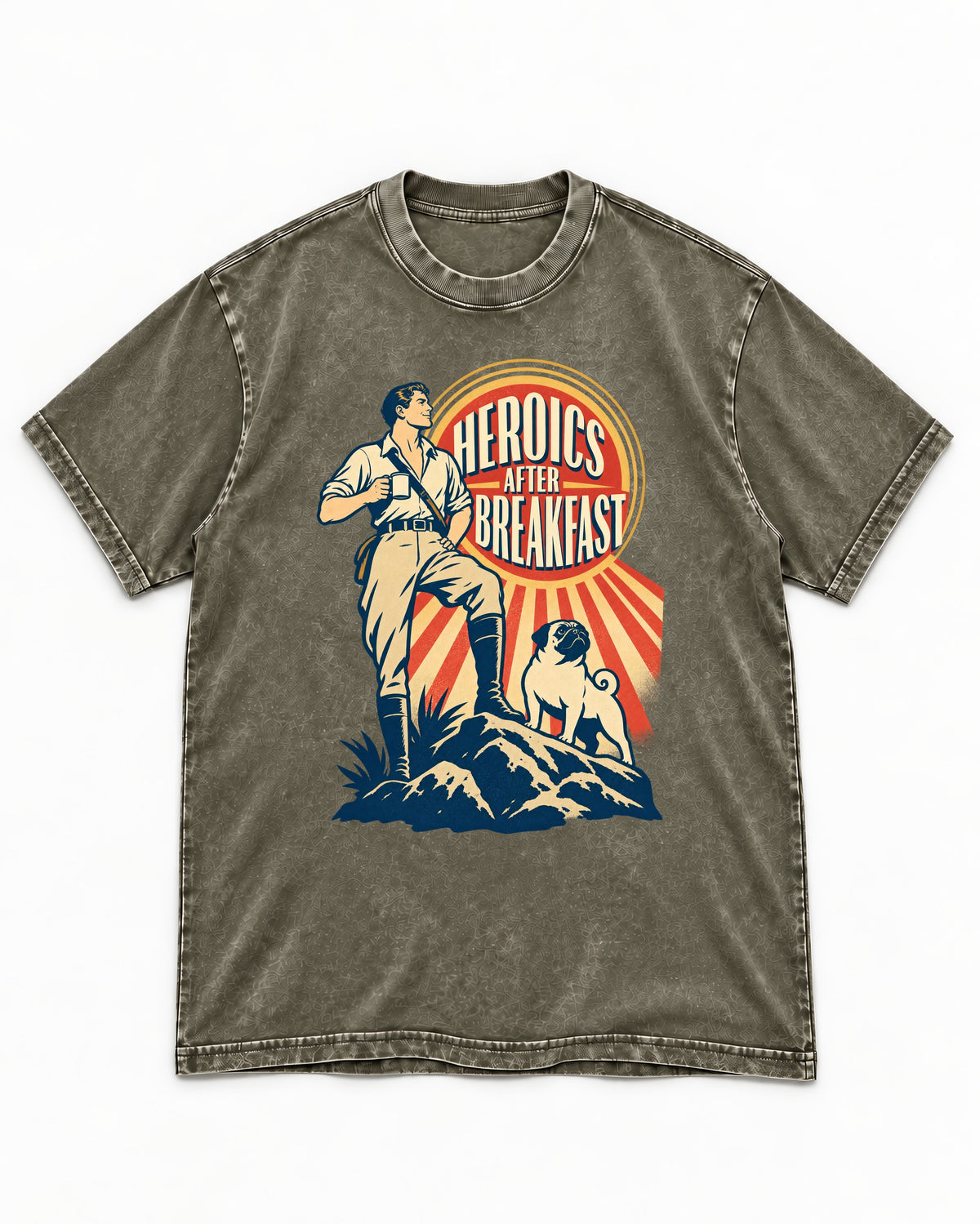Pug Heroics After Breakfast Adventure Graphic Washed Tee in Army Green, flat lay product photo