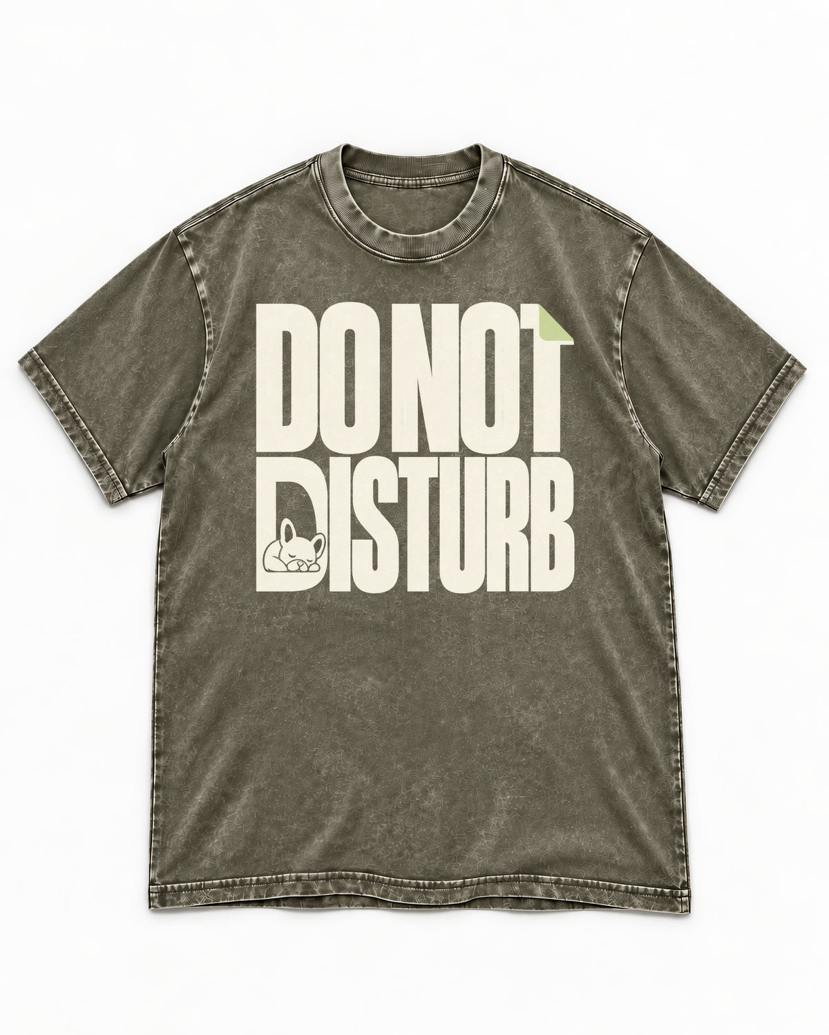 Frenchie Do Not Disturb Hidden Sleeping Graphic Washed Tee in Army Green, flat lay product photo