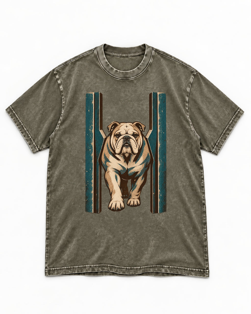 English Bulldog Walking Through Teal Gate Graphic Washed Tee in Army Green, flat lay product photo