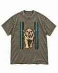English Bulldog Walking Through Teal Gate Graphic Washed Tee in Army Green, flat lay product photo