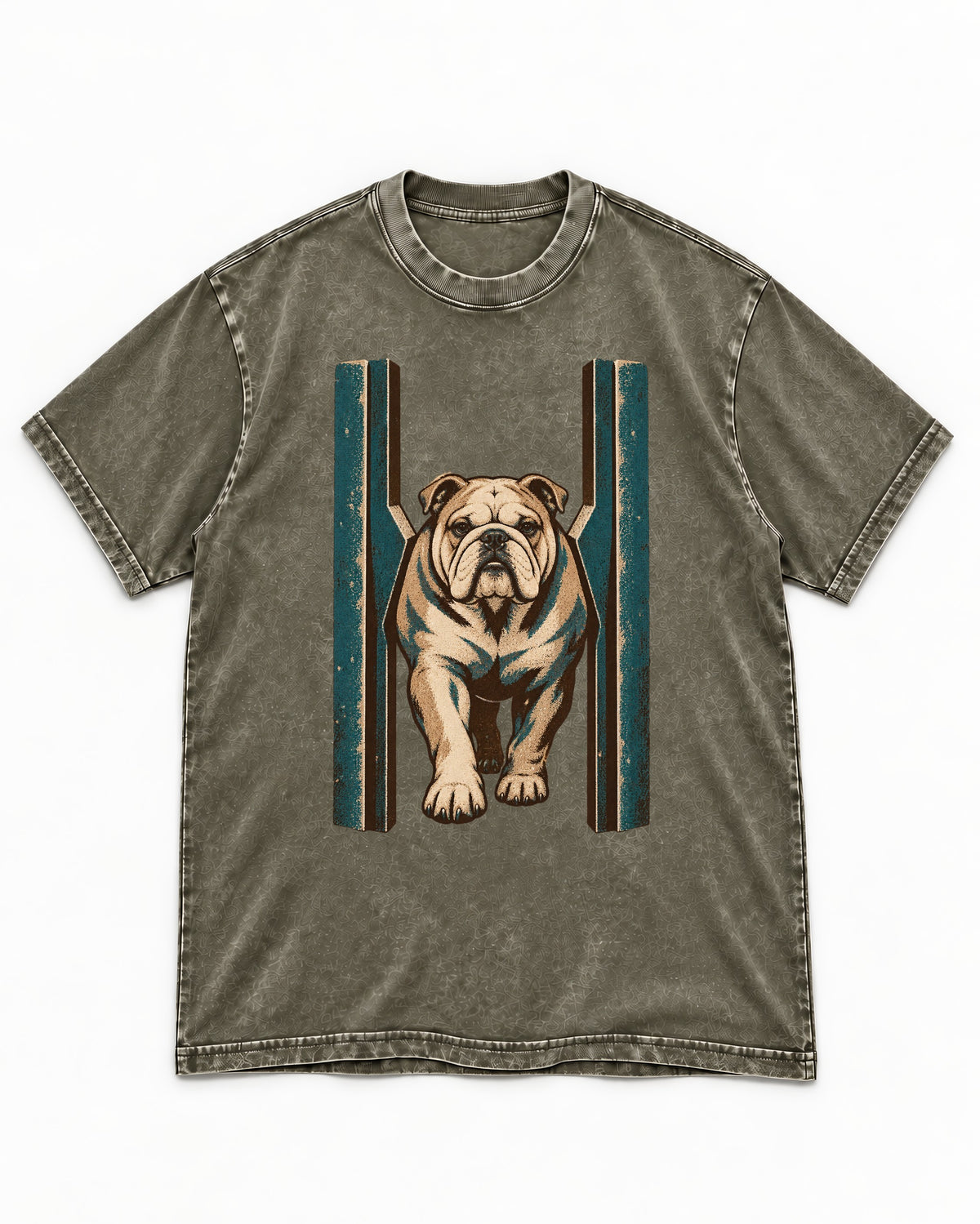 English Bulldog Walking Through Teal Gate Graphic Washed Tee in Army Green, flat lay product photo