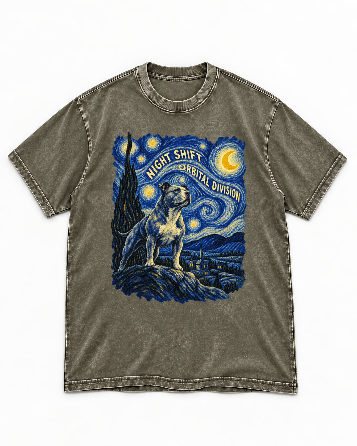 Pitbull Night Shift Orbital Division Starry Night Graphic Washed Tee in Army Green, flat lay product photo