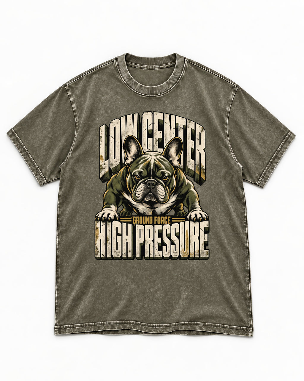 Frenchie Low Center High Pressure Graphic Washed Tee in Army Green, flat lay product photo