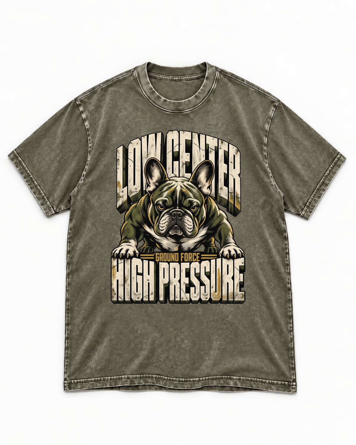 Frenchie Low Center High Pressure Graphic Washed Tee in Army Green, flat lay product photo