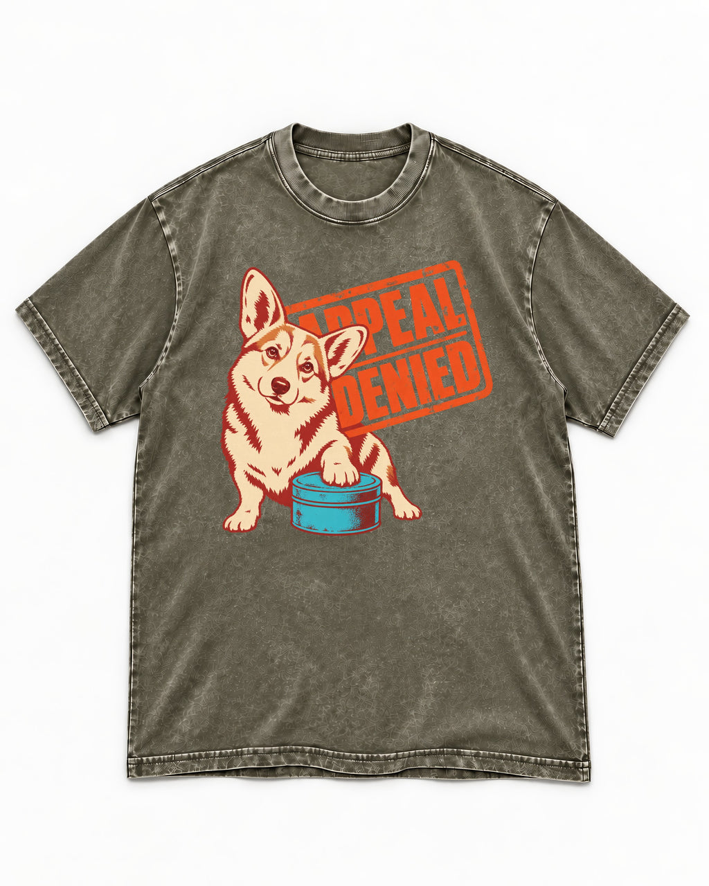 Corgi Appeal Denied Treat Tin Washed Tee in Army Green, flat lay product photo