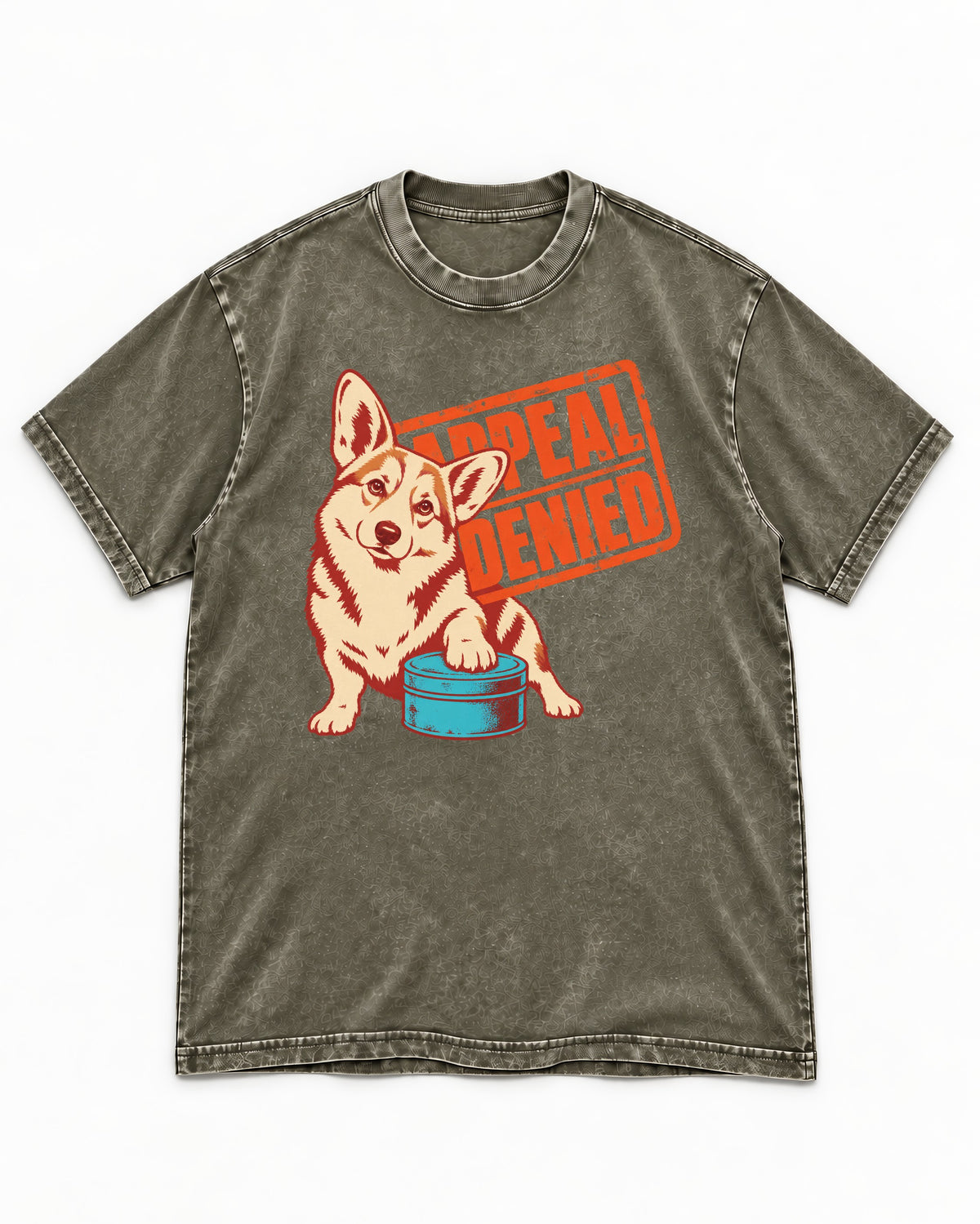 Corgi Appeal Denied Treat Tin Washed Tee in Army Green, flat lay product photo