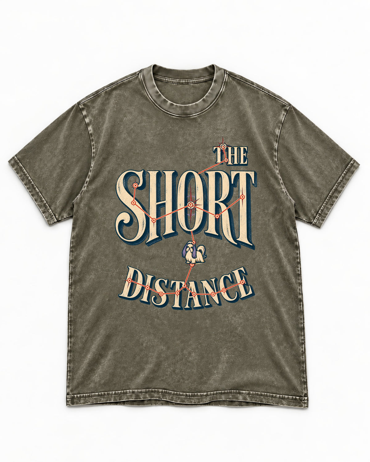 Shih Tzu The Short Distance Route Graphic Washed Tee in Army Green, flat lay product photo