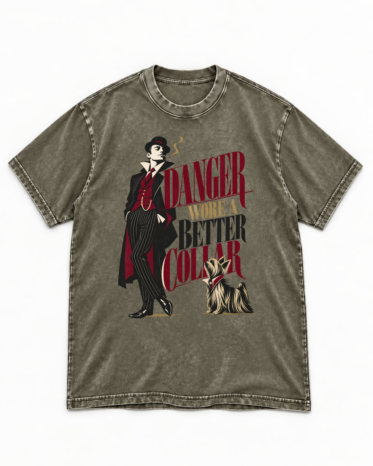 Yorkshire Terrier Danger Wore a Better Collar Art Deco Graphic Washed Tee in Army Green, flat lay product photo