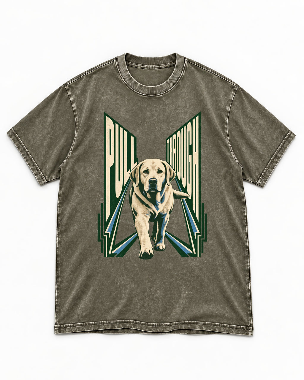 Labrador Retriever Pull Through Perspective Graphic Washed Tee in Army Green, flat lay product photo