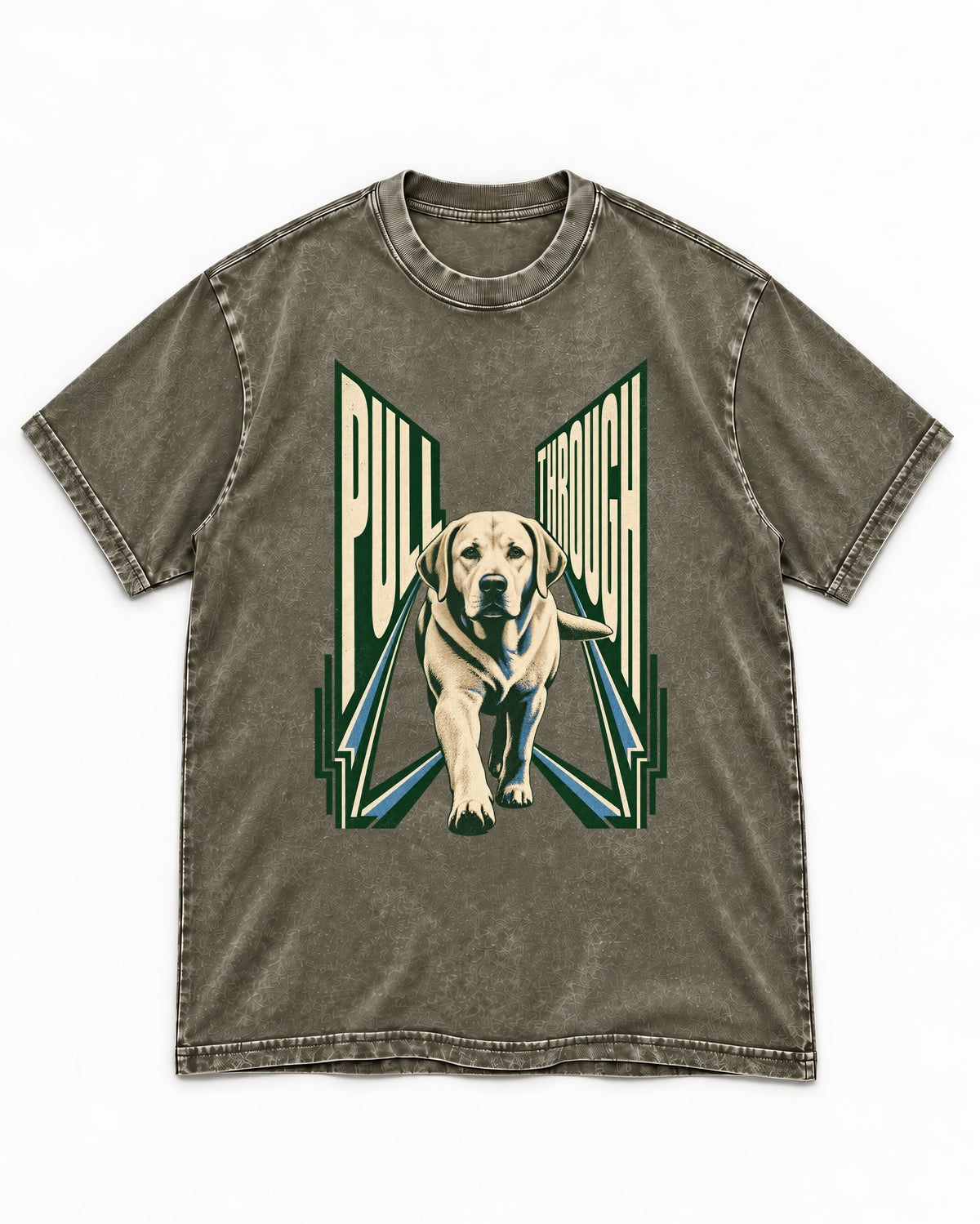 Labrador Retriever Pull Through Perspective Graphic Washed Tee in Army Green, flat lay product photo