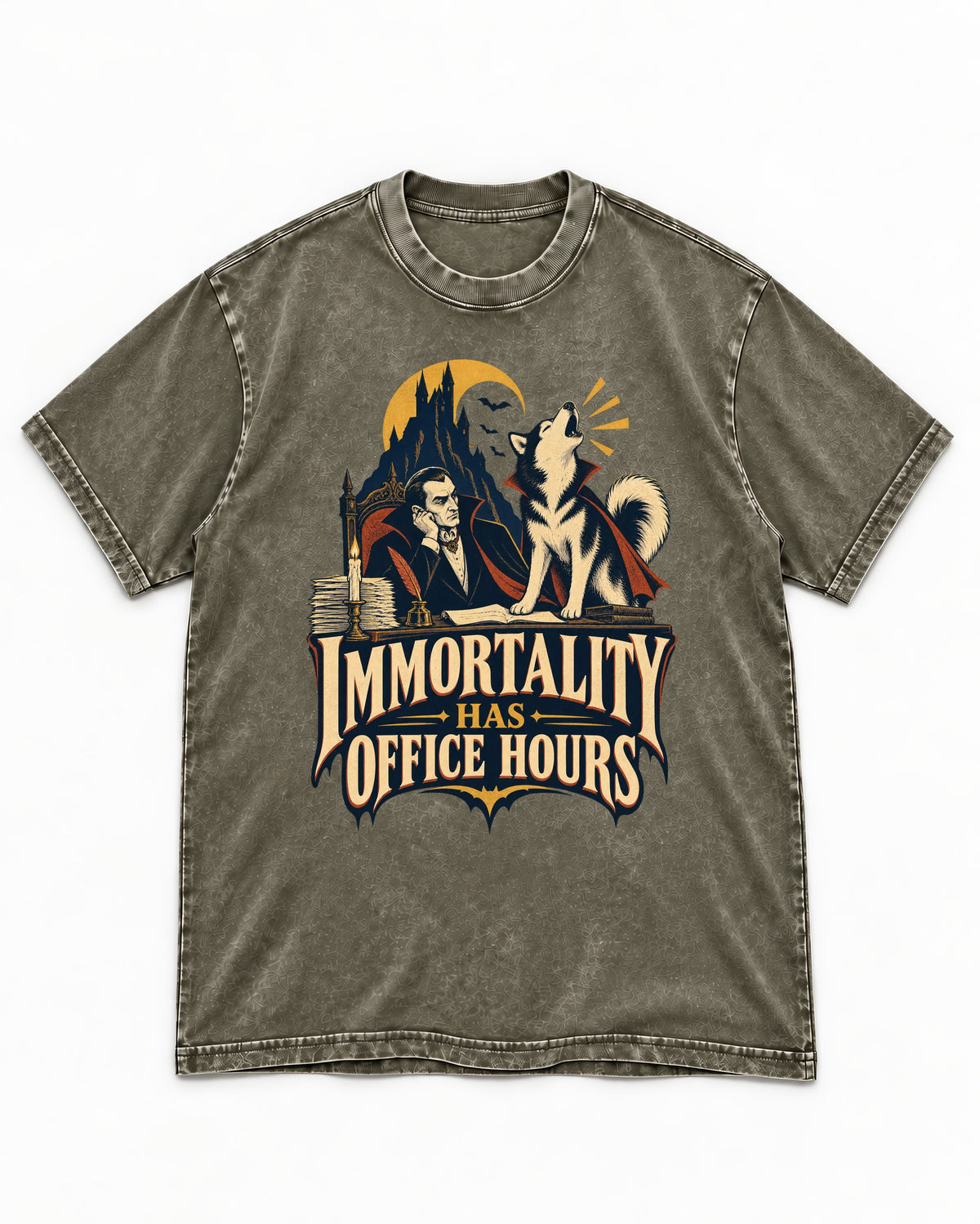 Husky Immortality Has Office Hours Vampire Office Graphic Washed Tee in Army Green, flat lay product photo