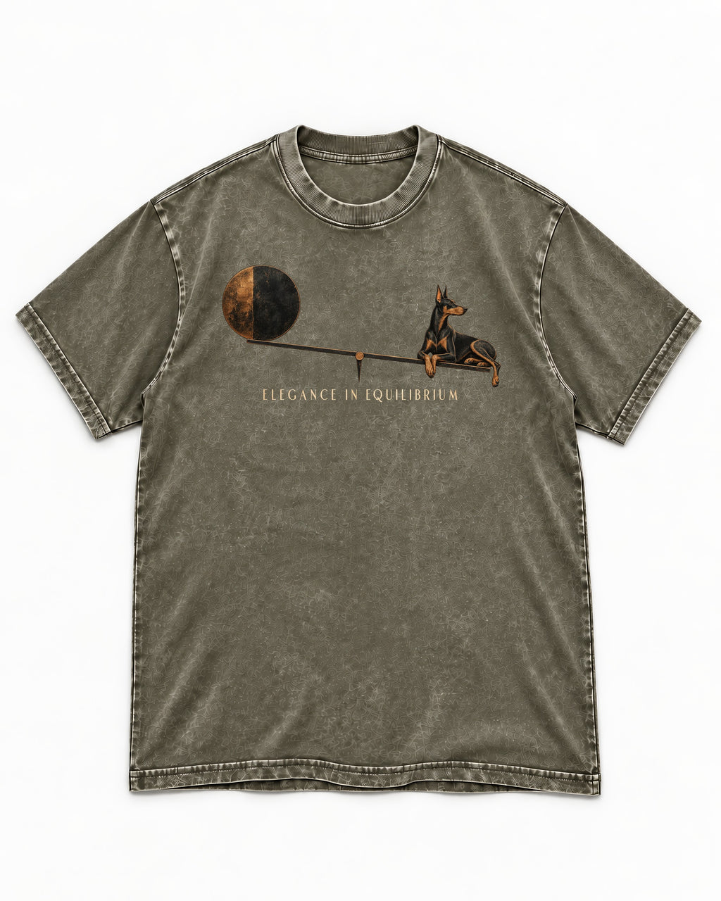 Doberman Elegance in Equilibrium Balance Graphic Washed Tee in Army Green, flat lay product photo