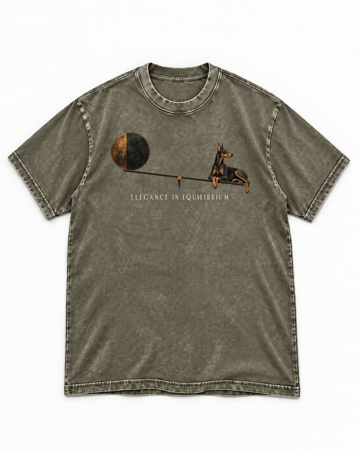 Doberman Elegance in Equilibrium Balance Graphic Washed Tee in Army Green, flat lay product photo