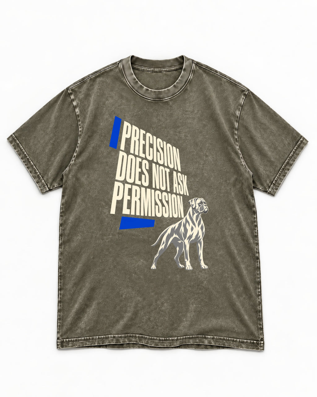 Precision Does Not Ask Permission Boxer Washed Tee in Army Green, flat lay product photo