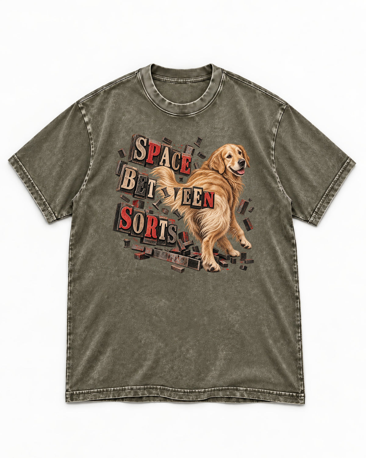 Golden Retriever Space Between Sorts Letterpress Graphic Washed Tee in Army Green, flat lay product photo