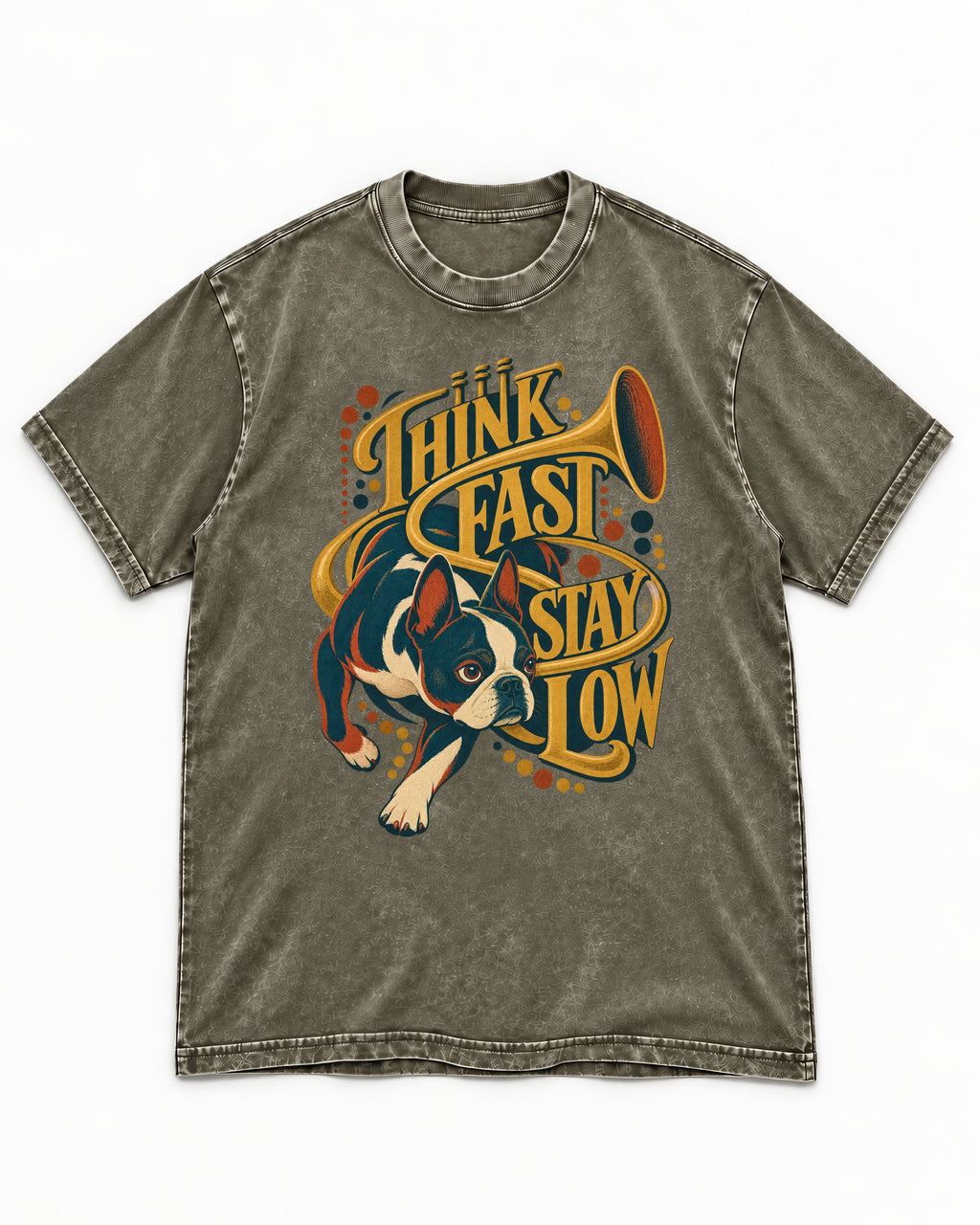 Boston Terrier Think Fast Stay Low Washed Tee in Army Green, flat lay product photo