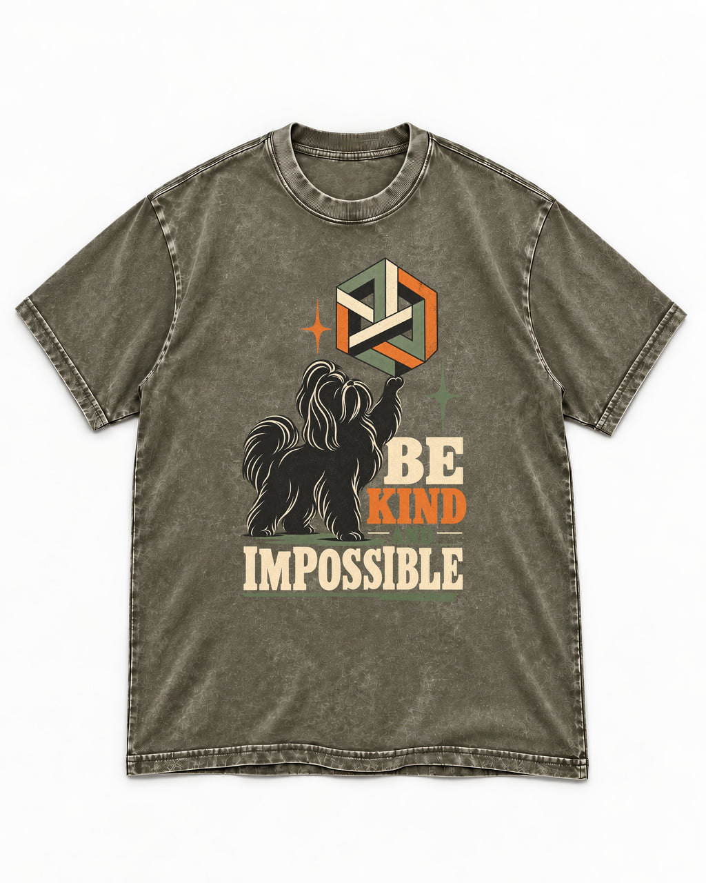 Shih Tzu Be Kind and Impossible Geometric Cube Graphic Washed Tee in Army Green, flat lay product photo