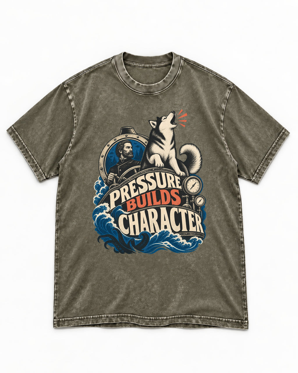Husky Pressure Builds Character Deep Sea Graphic Washed Tee in Army Green, flat lay product photo