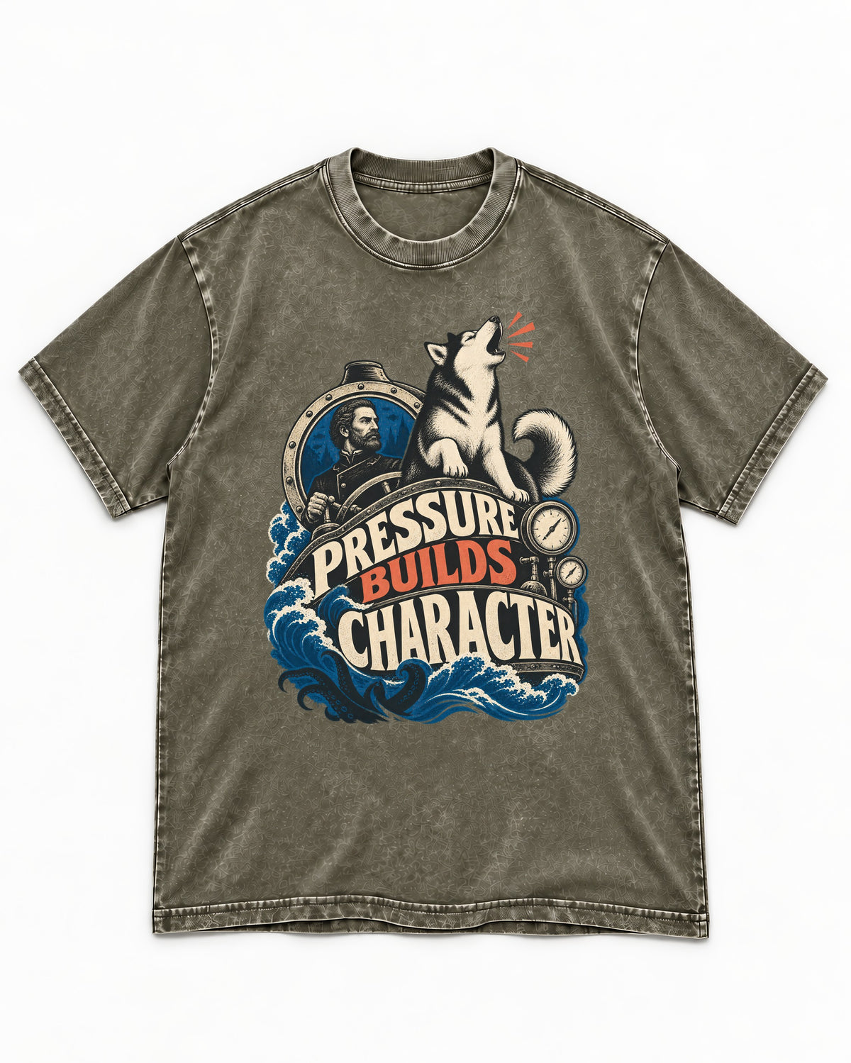 Husky Pressure Builds Character Deep Sea Graphic Washed Tee in Army Green, flat lay product photo