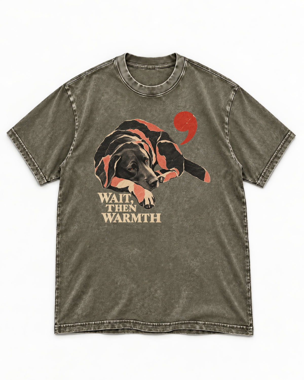 Labrador Retriever Wait Then Warmth Blanket Pause Graphic Washed Tee in Army Green, flat lay product photo