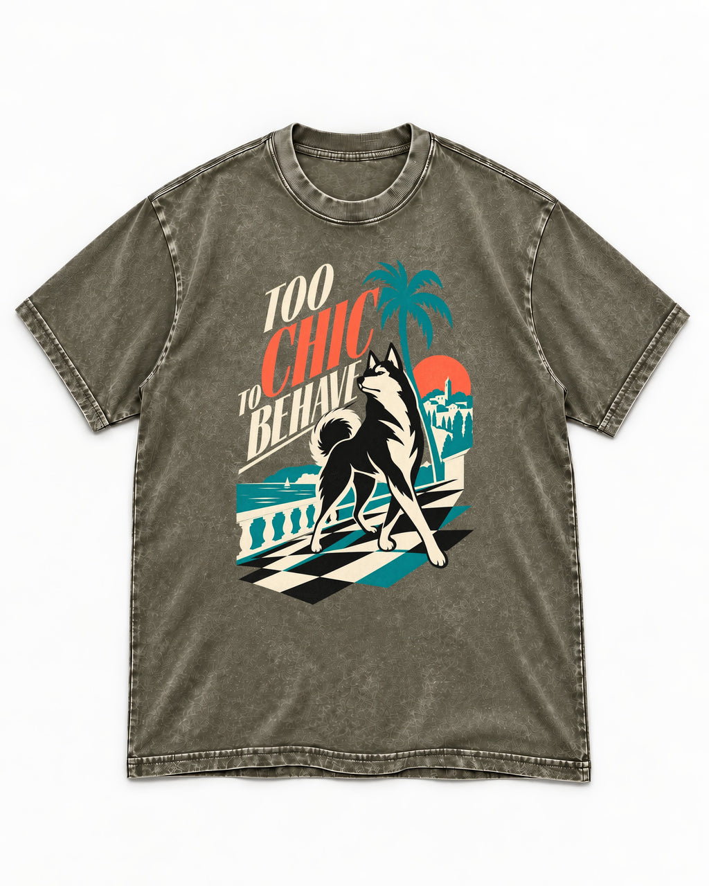 Husky Too Chic to Behave Riviera Graphic Washed Tee in Army Green, flat lay product photo