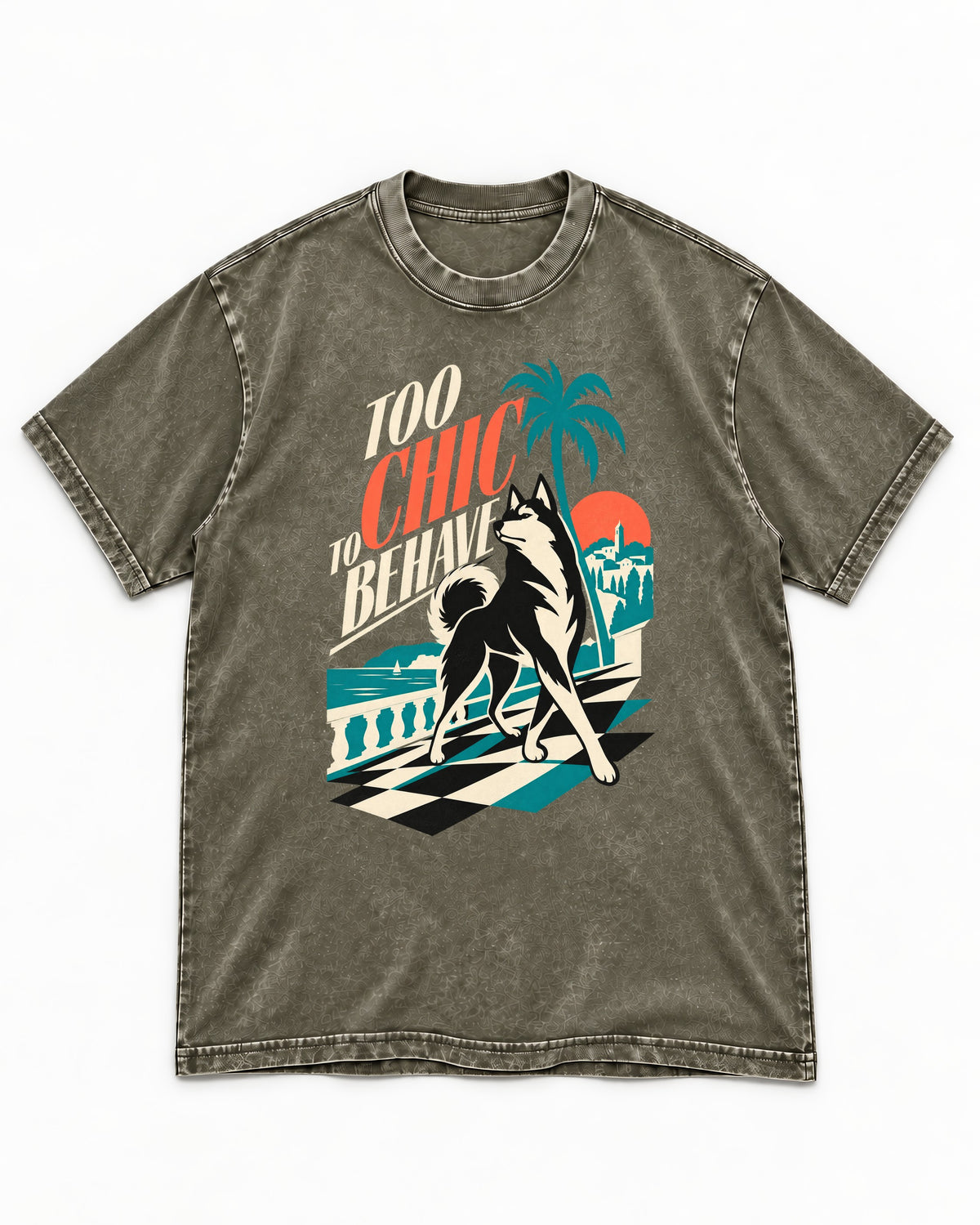 Husky Too Chic to Behave Riviera Graphic Washed Tee in Army Green, flat lay product photo