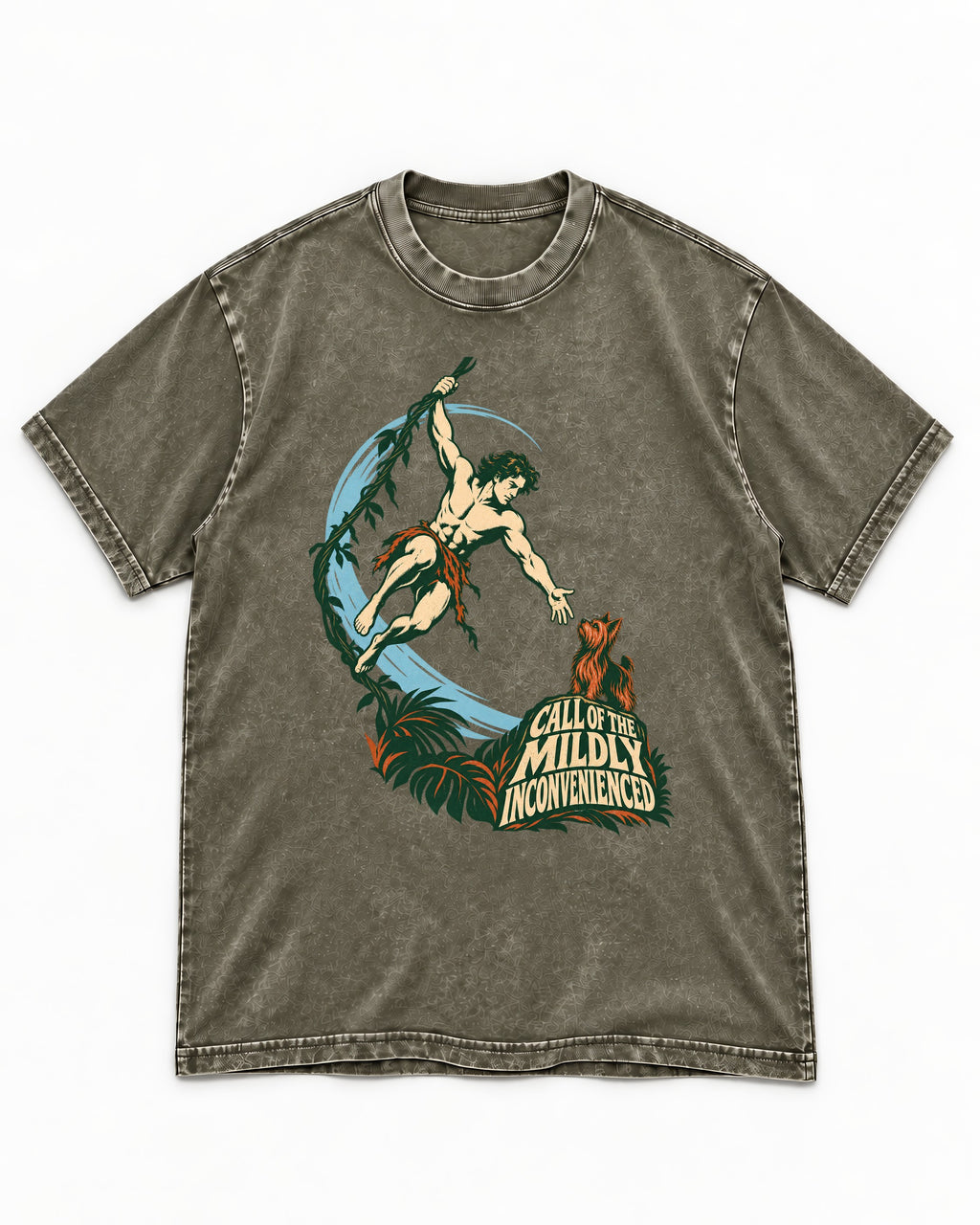 Yorkshire Terrier Call of the Mildly Inconvenienced Vine Swing Graphic Washed Tee in Army Green, flat lay product photo