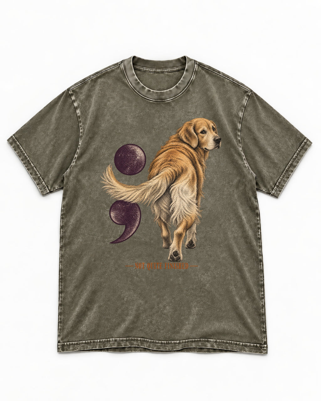 Golden Retriever Not Quite Finished Semicolon Graphic Washed Tee in Army Green, flat lay product photo