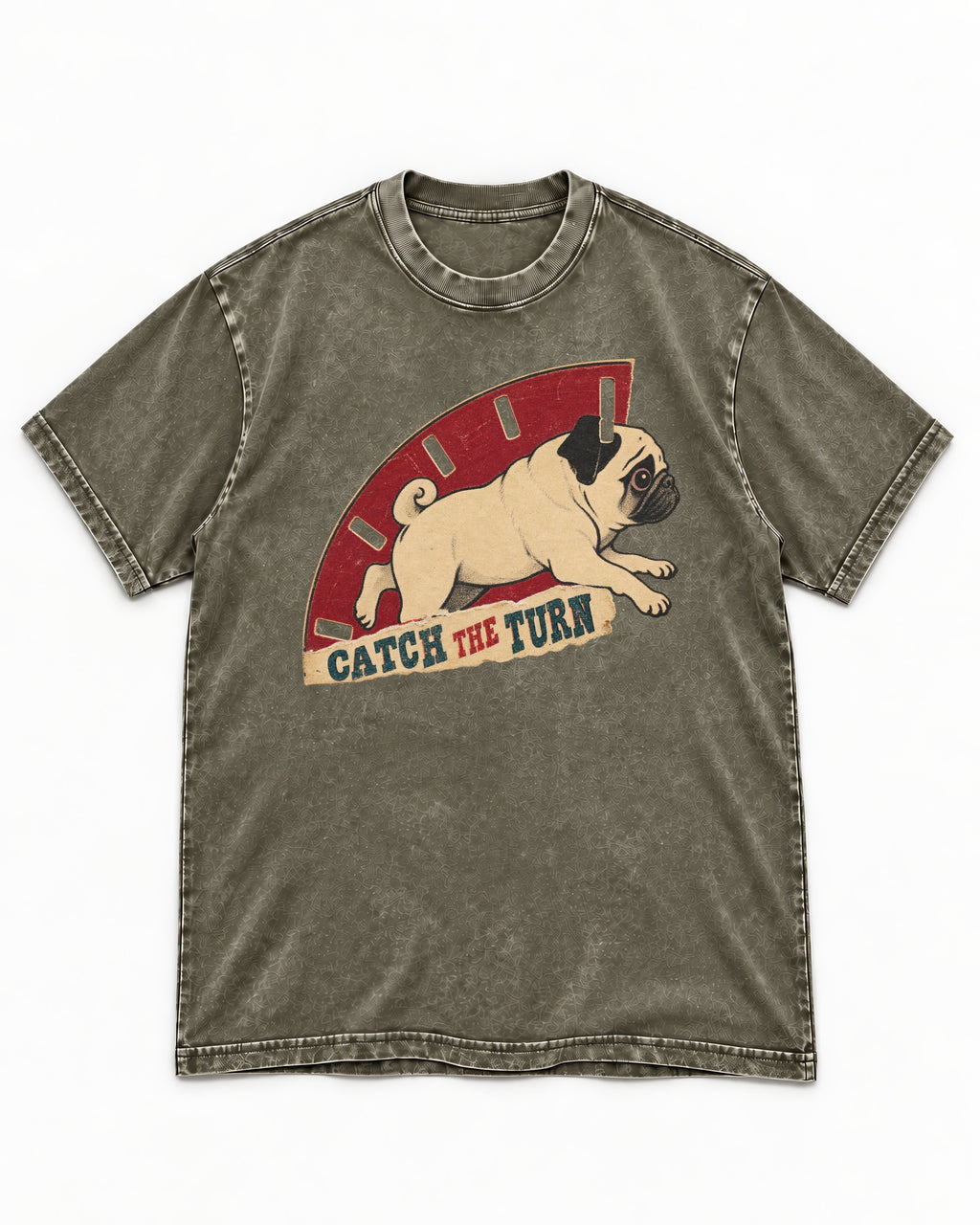 Pug Catch the Turn Track Graphic Washed Tee in Army Green, flat lay product photo