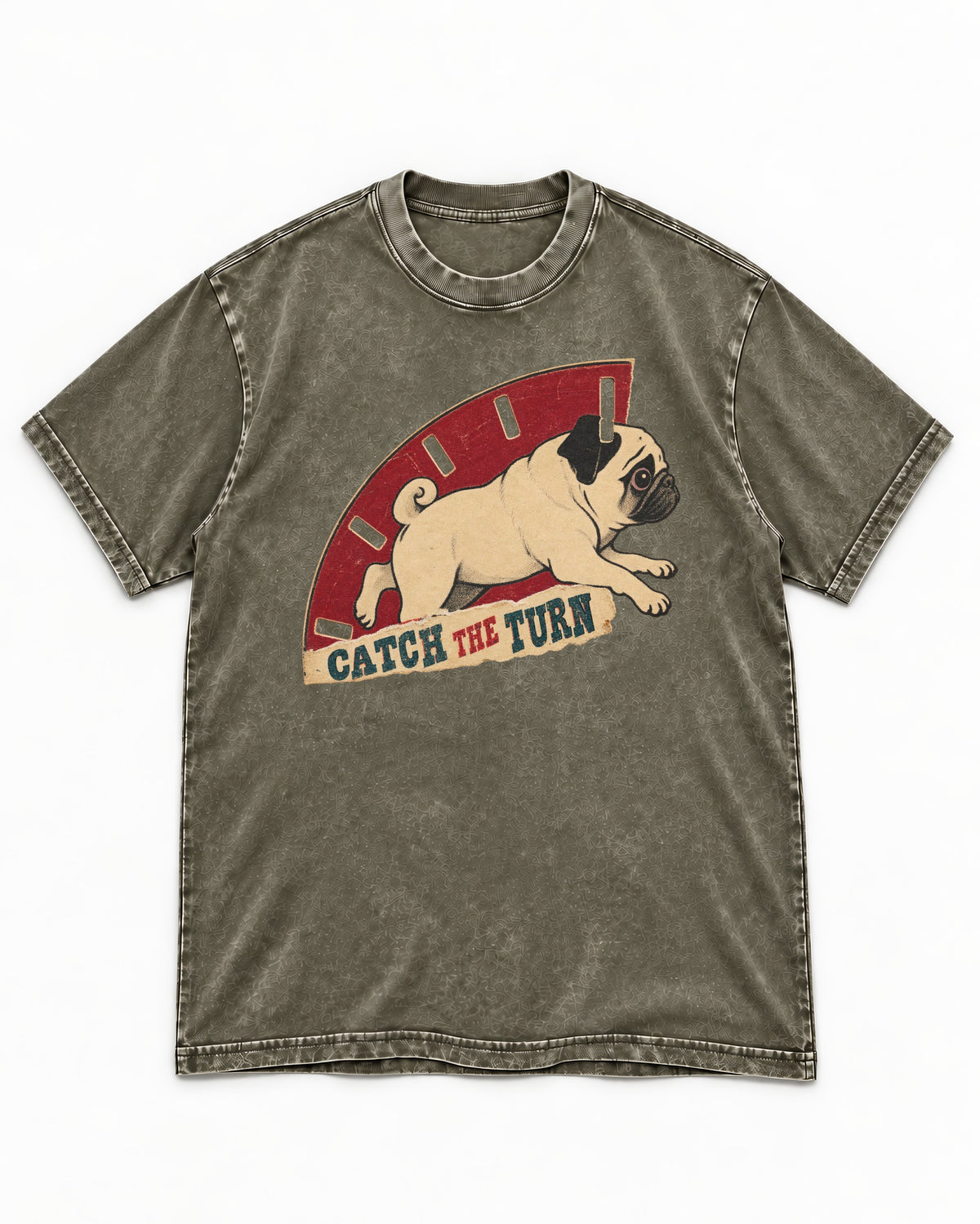 Pug Catch the Turn Track Graphic Washed Tee in Army Green, flat lay product photo