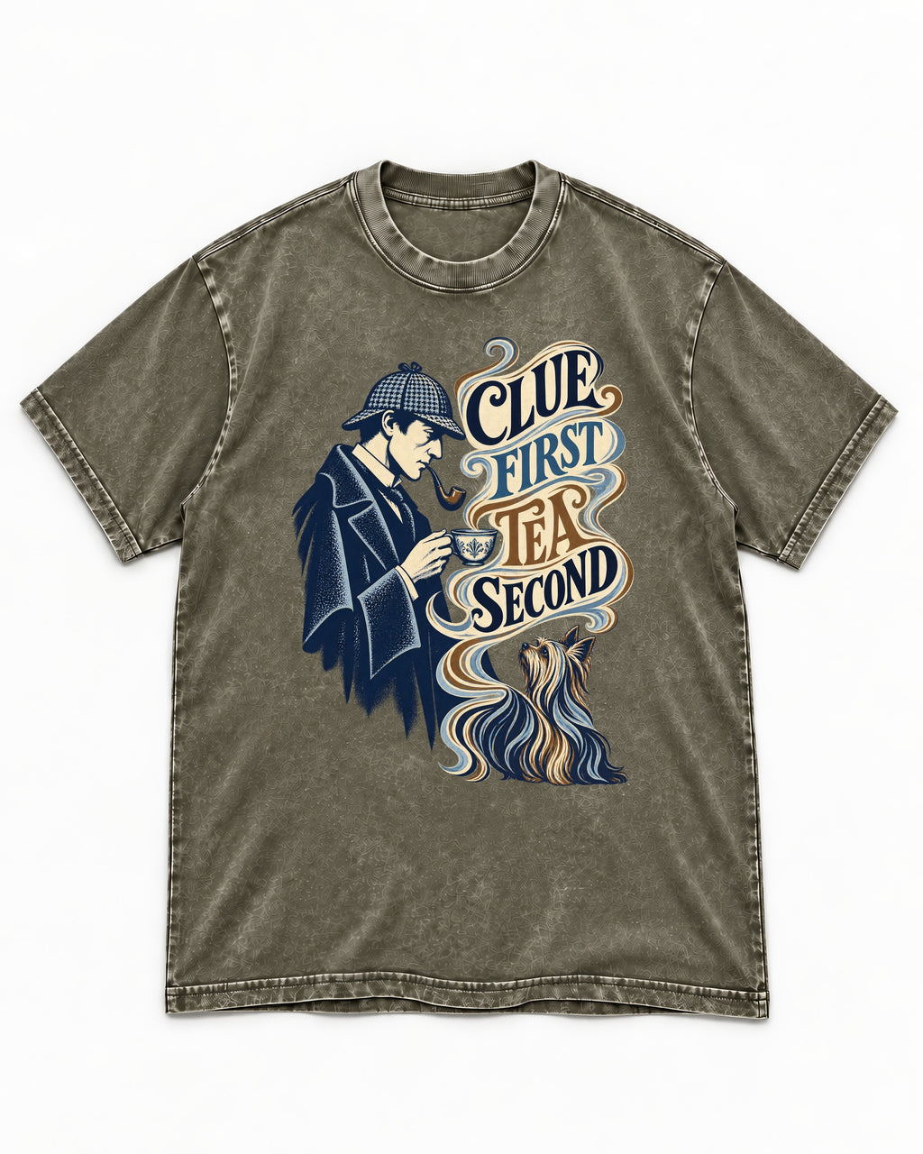 Yorkshire Terrier Clue First Tea Second Detective Graphic Washed Tee in Army Green, flat lay product photo