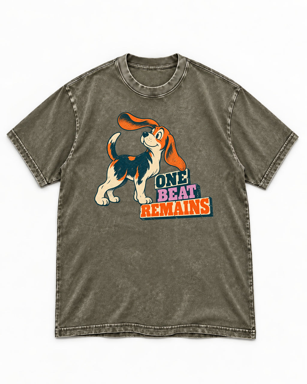 Retro Beagle One Beat Remains Washed Tee in Army Green, flat lay product photo