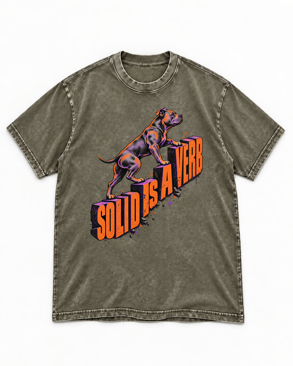Pitbull Solid Is a Verb Step Type Graphic Washed Tee in Army Green, flat lay product photo