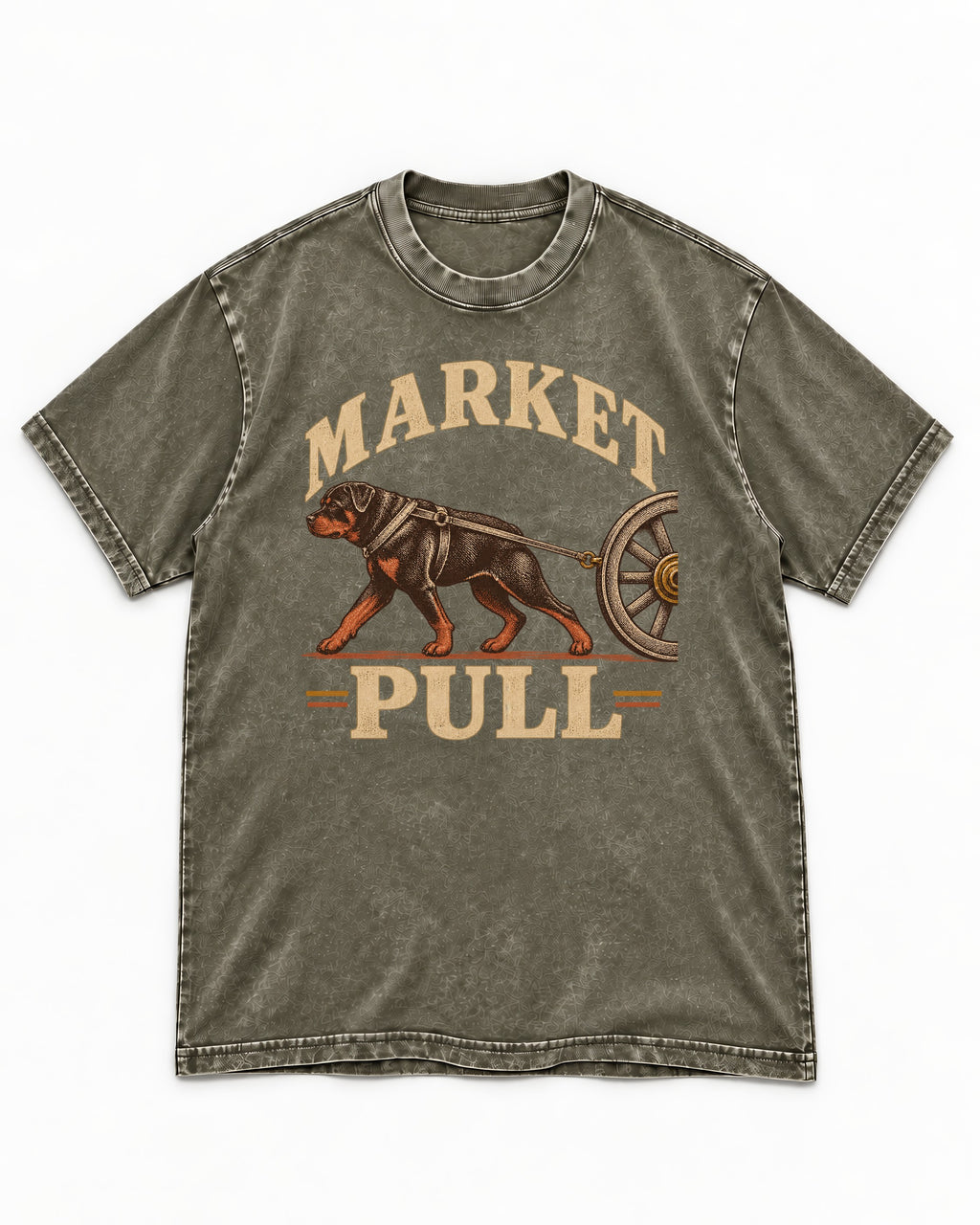 Market Pull Rottweiler Cart Harness Graphic Washed Tee in Army Green, flat lay product photo