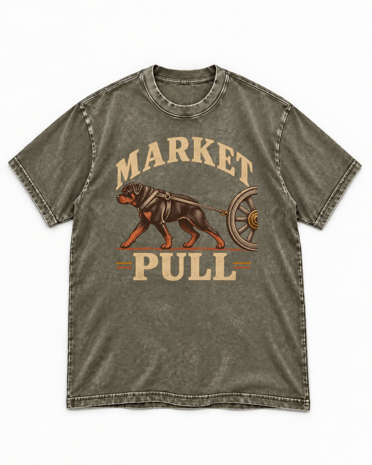 Market Pull Rottweiler Cart Harness Graphic Washed Tee in Army Green, flat lay product photo
