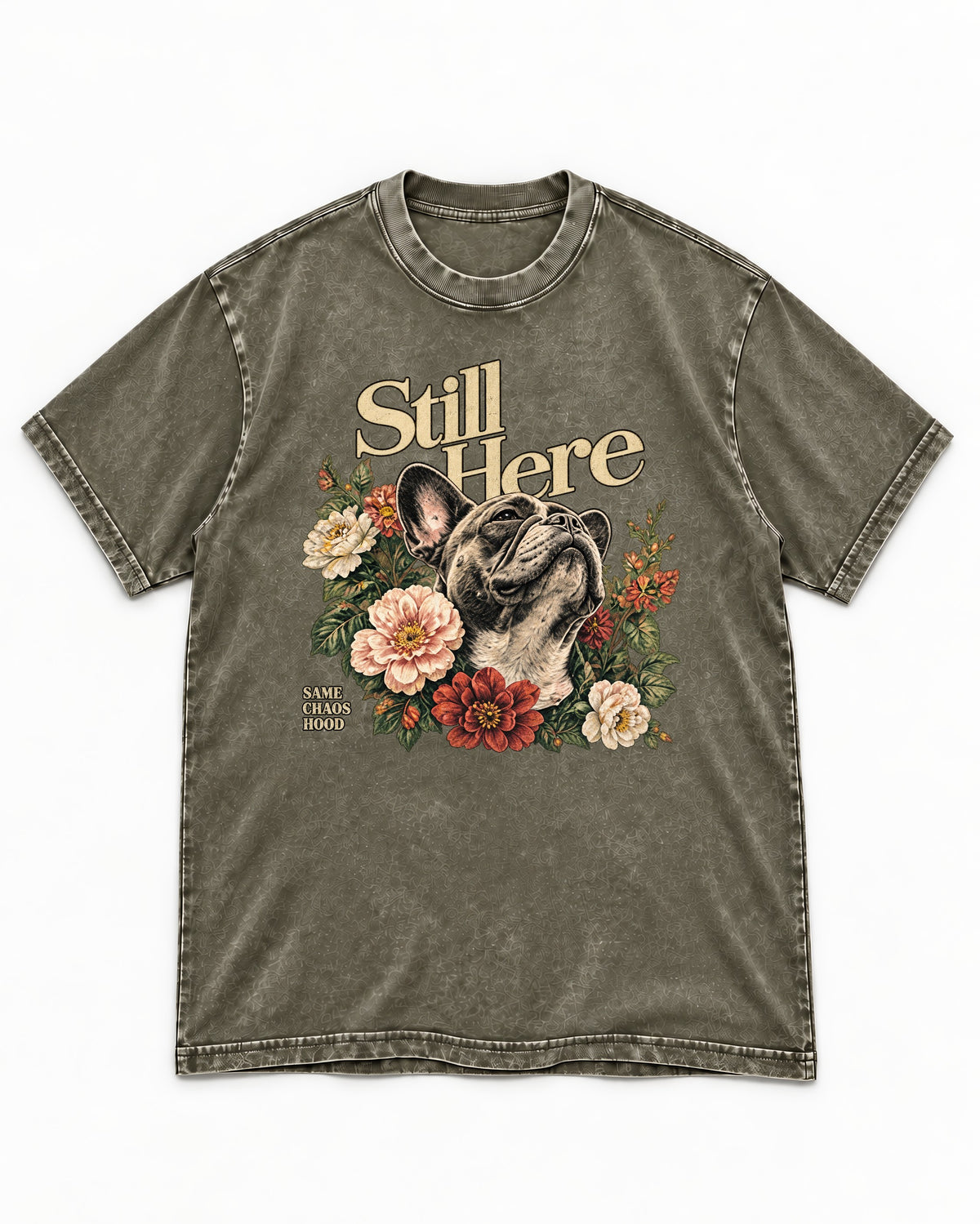 Frenchie Still Here Floral Portrait Graphic Washed Tee in Army Green, flat lay product photo