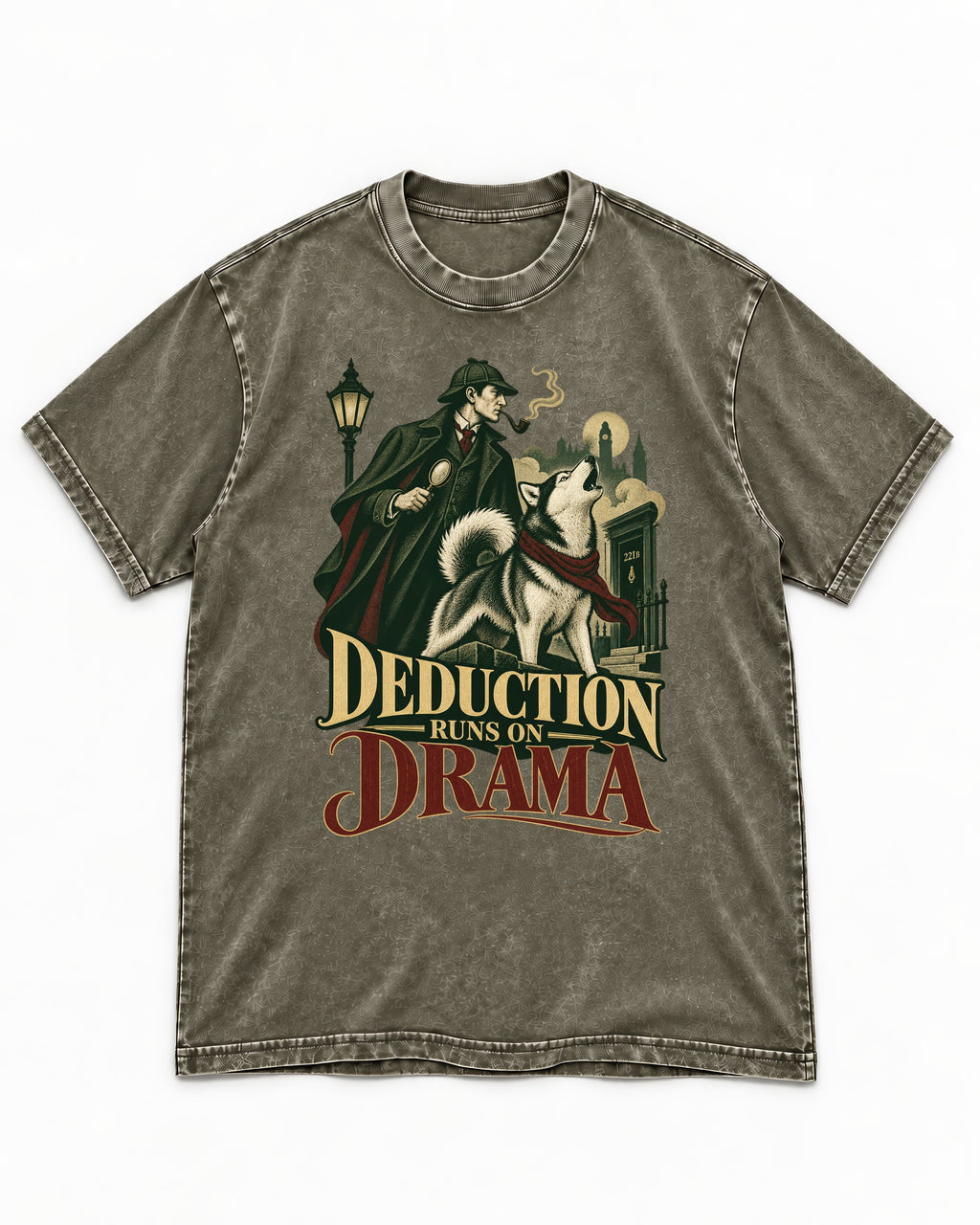 Husky Deduction Runs on Drama Detective Graphic Washed Tee in Army Green, flat lay product photo