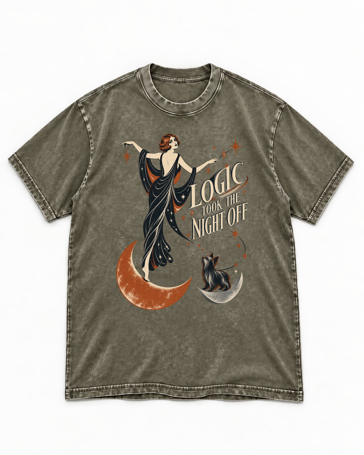 Yorkshire Terrier Logic Took the Night Off Art Deco Graphic Washed Tee in Army Green, flat lay product photo